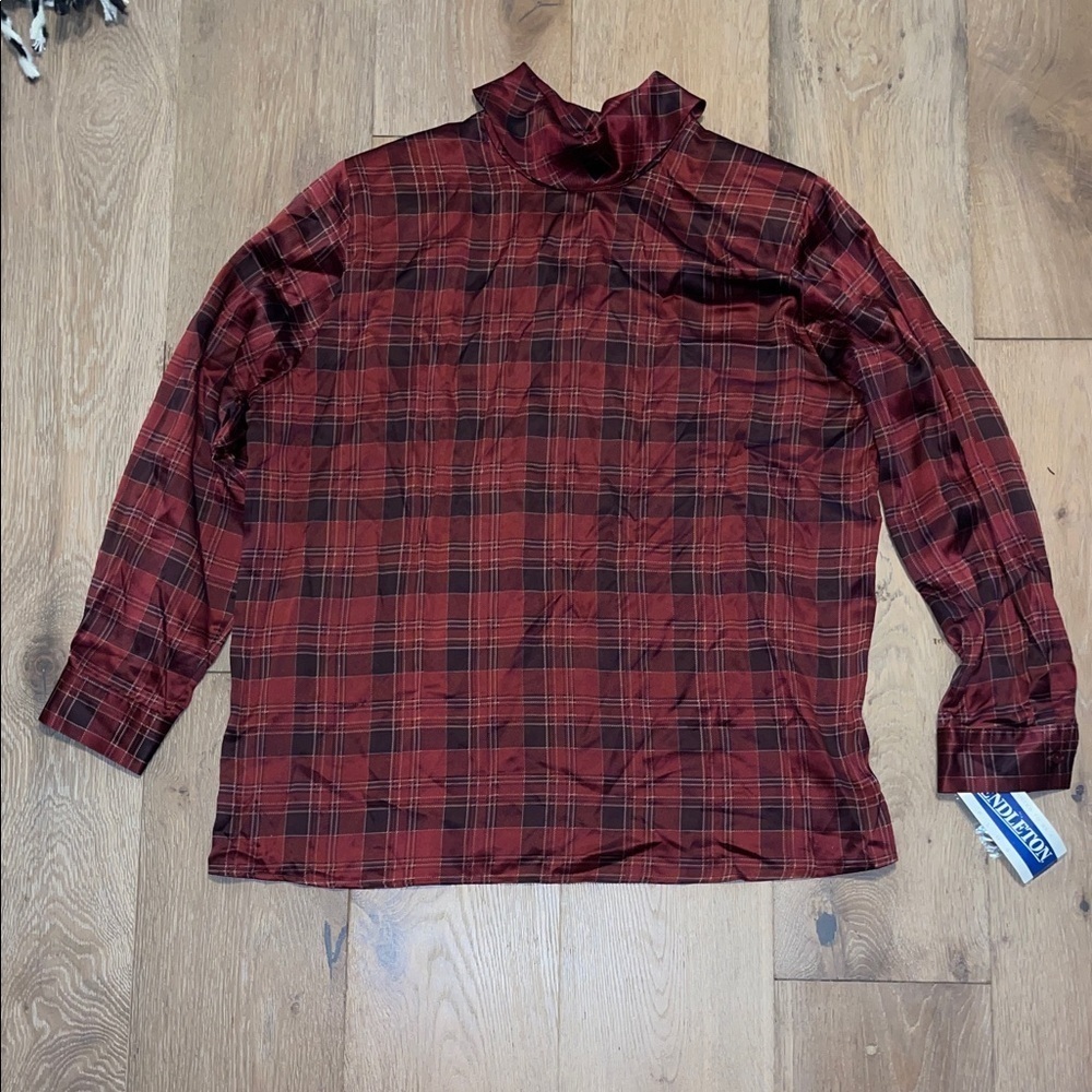 New vintage Pendleton 100% silk Red Plaid Long Sleeve Top mock neck blouse